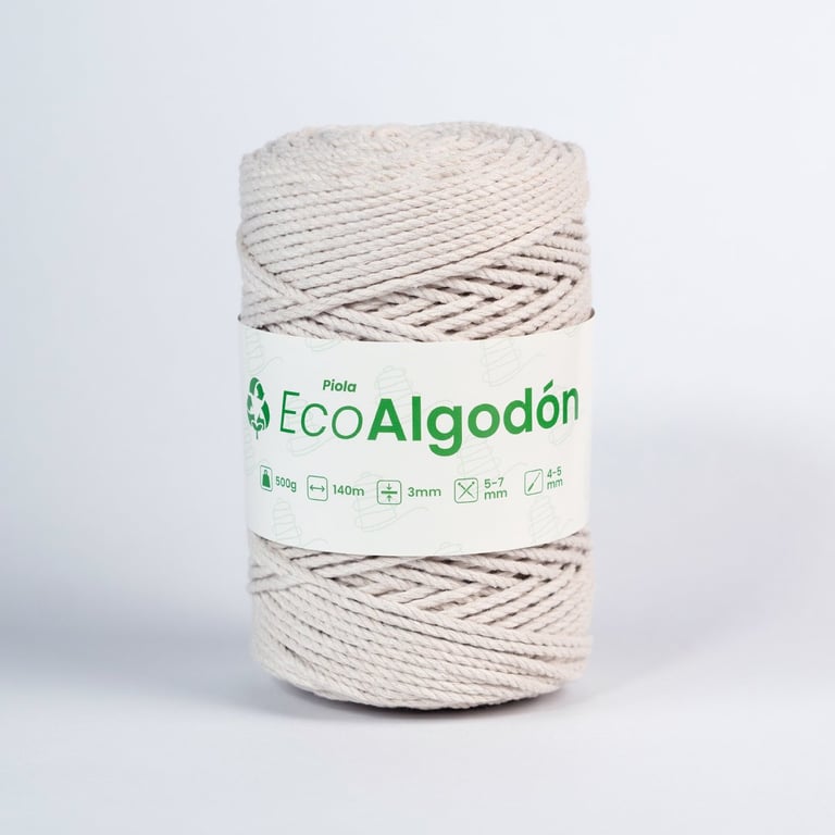 Spool of Eco Algodón natural cotton twine with wrapped rope texture on white background
