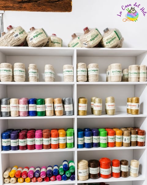 Organized craft supply shelf displaying colorful yarn balls, thread spools, and embroidery floss in white storage bins