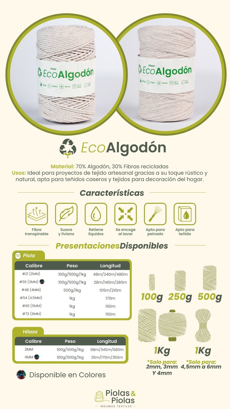 EcoAlgodón yarn product display showing two cream-colored yarn balls with specifications, materials, and available sizes