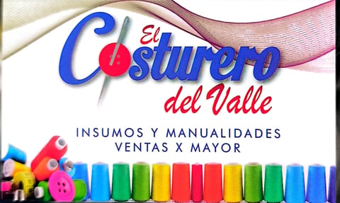 El Costurero del Valle logo with colorful thread spools and sewing buttons displayed below