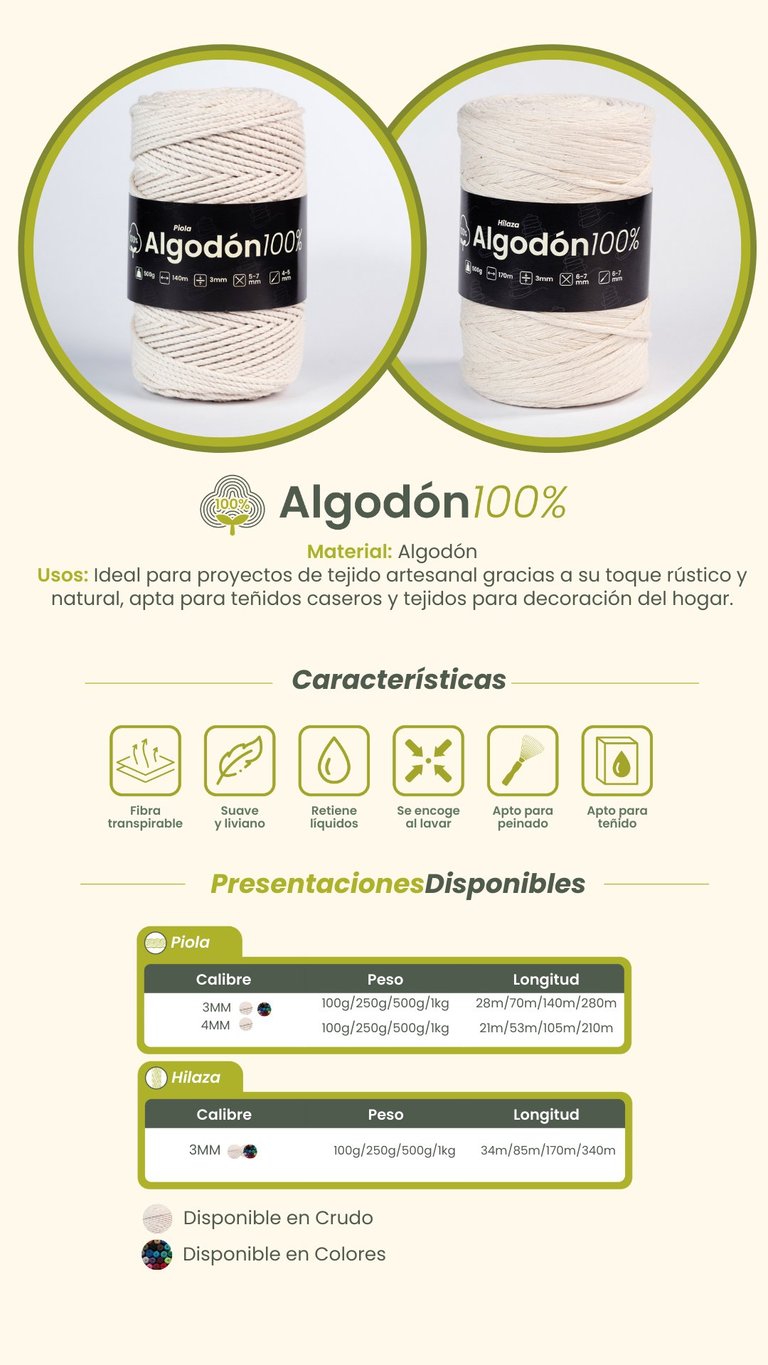 Two rolls of Algodón 100% cotton yarn in cream color with product details and specifications chart below