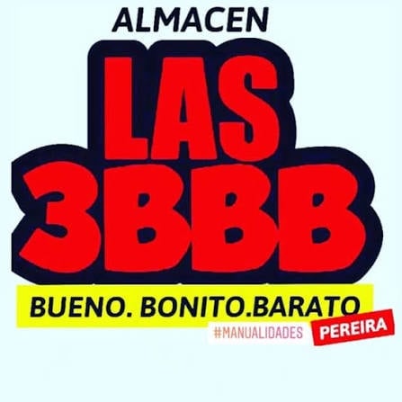 Almacen Las 3BBB logo with red text on blue background and yellow tagline Bueno Bonito Barato
